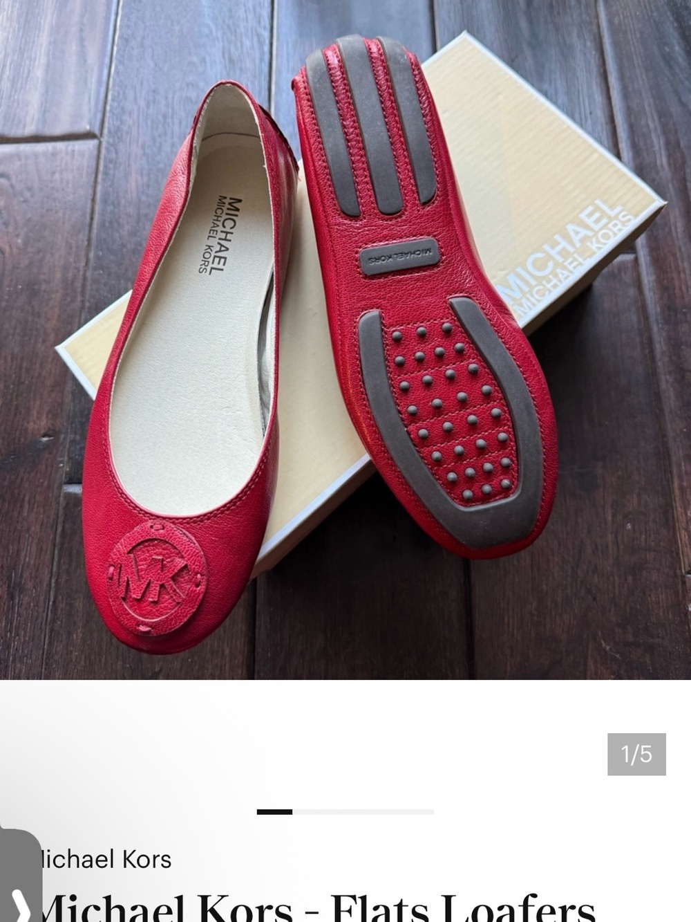 Michael Kors Red Leather MK Logo Round-Toe Ballet Flats - Picture 2 of 9